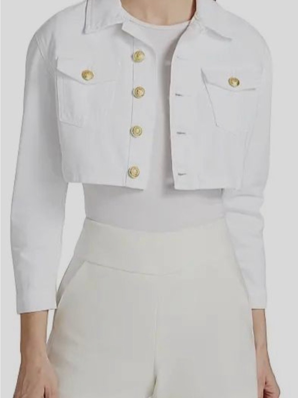 L'AGENCE White Cropped Denim Jacket with Gold Buttons